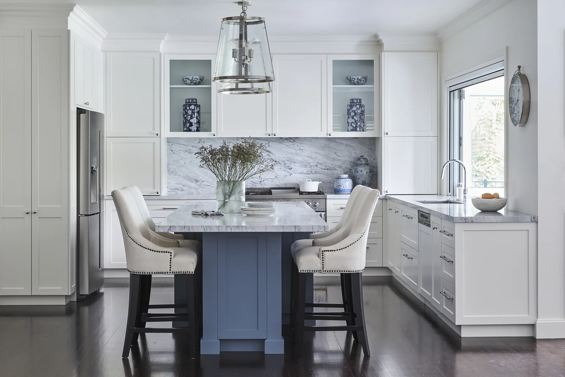 Wahroonga &mdash; white shaker kitchen with blue island and marble benchtop