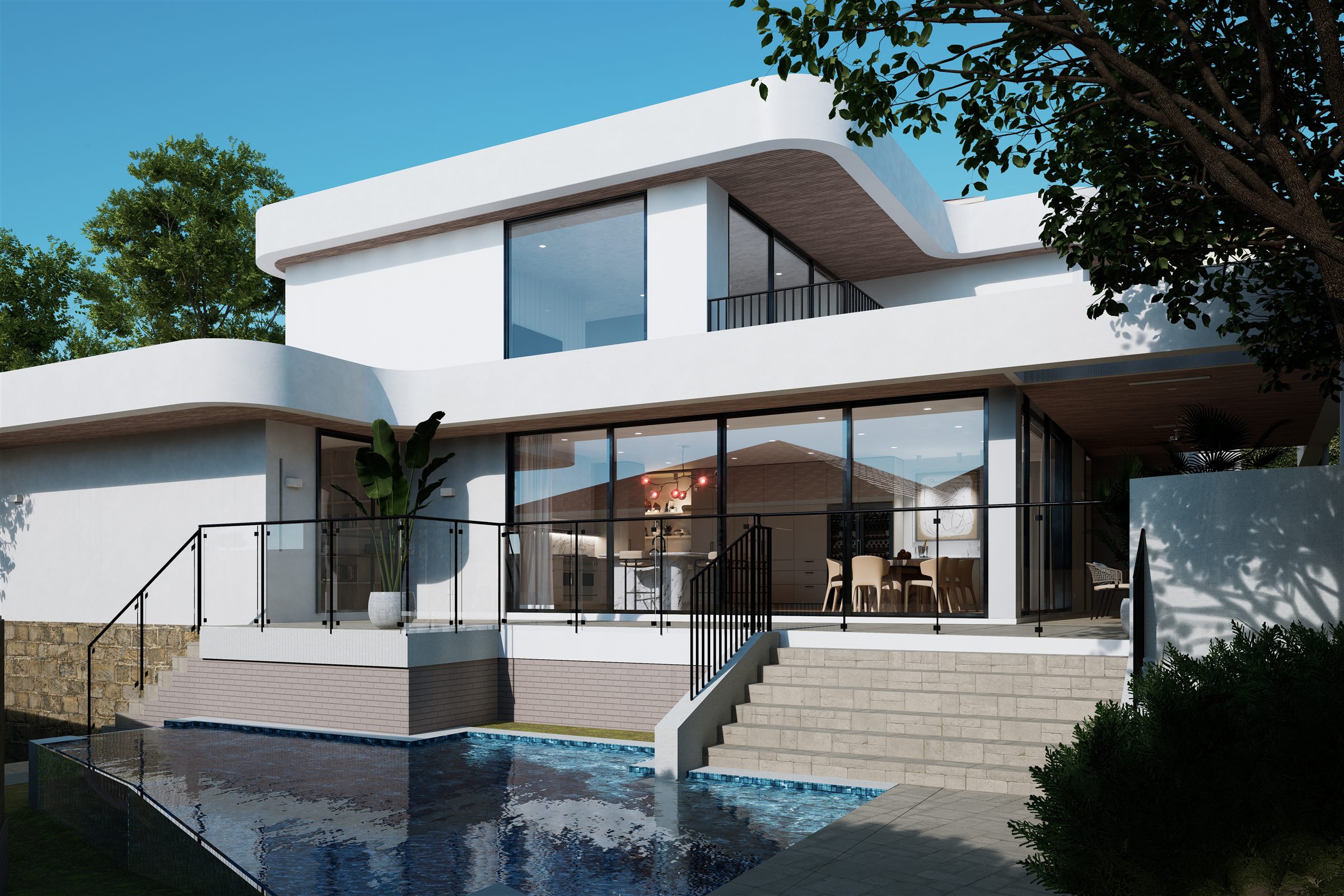 Double Bay, Eastern Suburbs &mdash; curved contemporary home with pool and stone steps