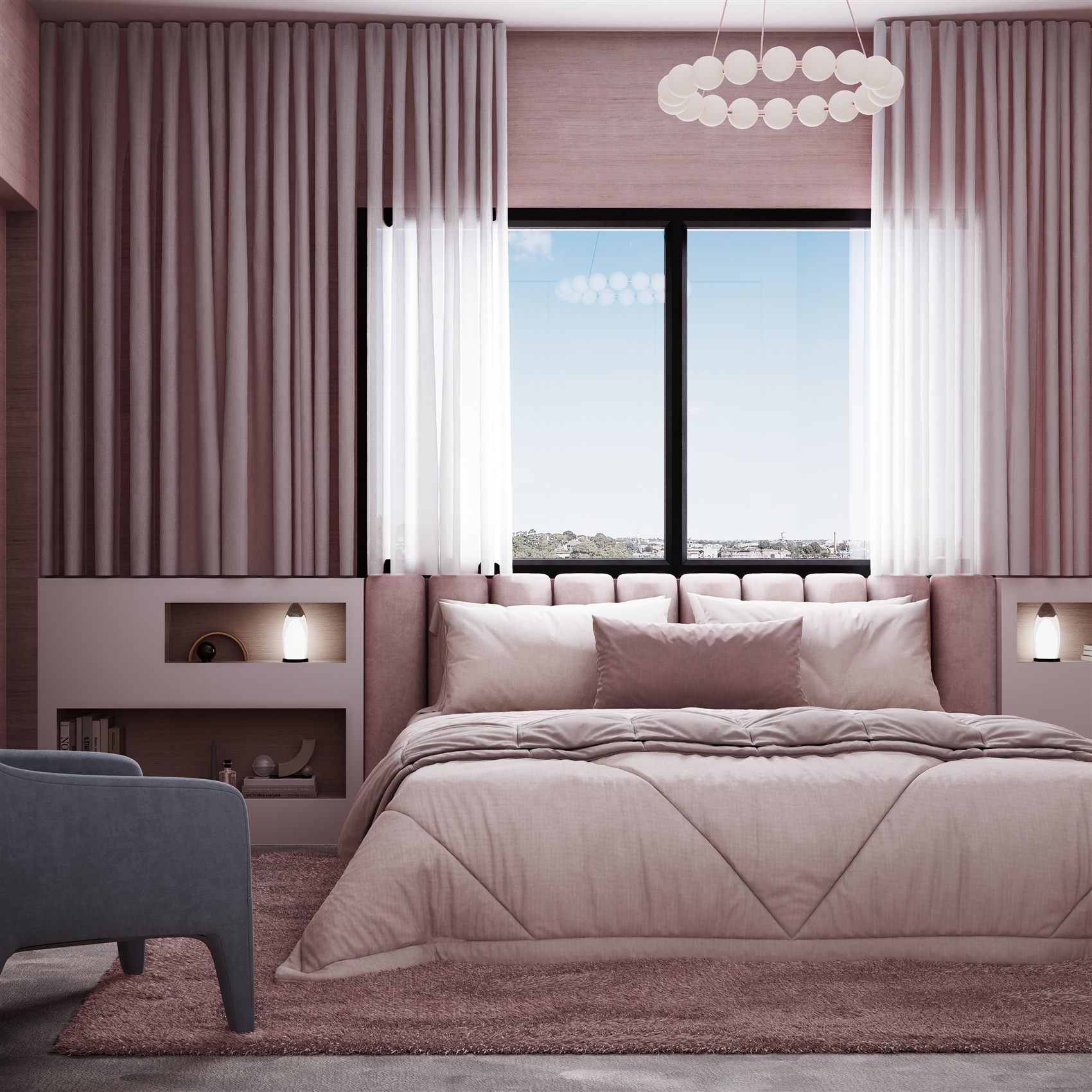 Greenwich — blush-toned main bedroom by STUDIO BELLE
