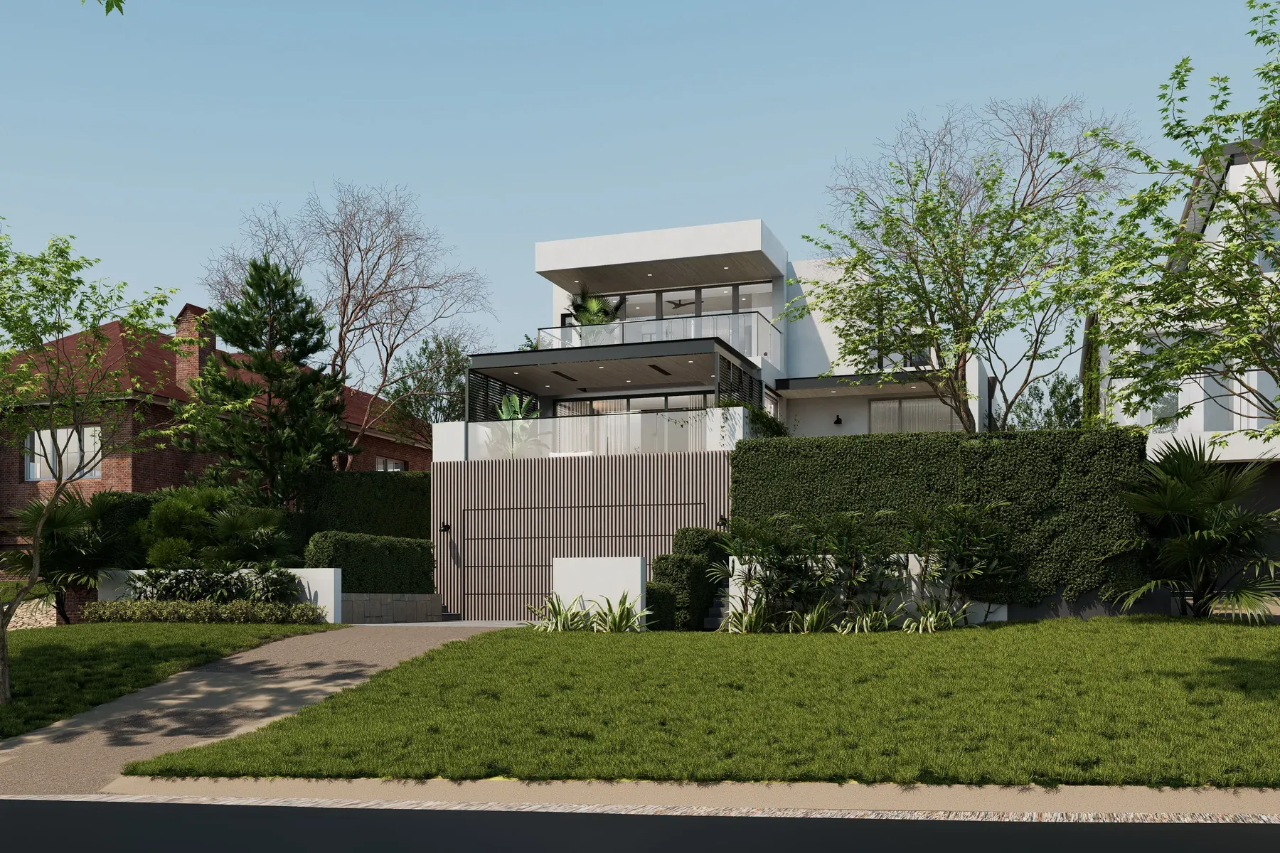 Northbridge &mdash; street view of the new home with lawn and mature trees