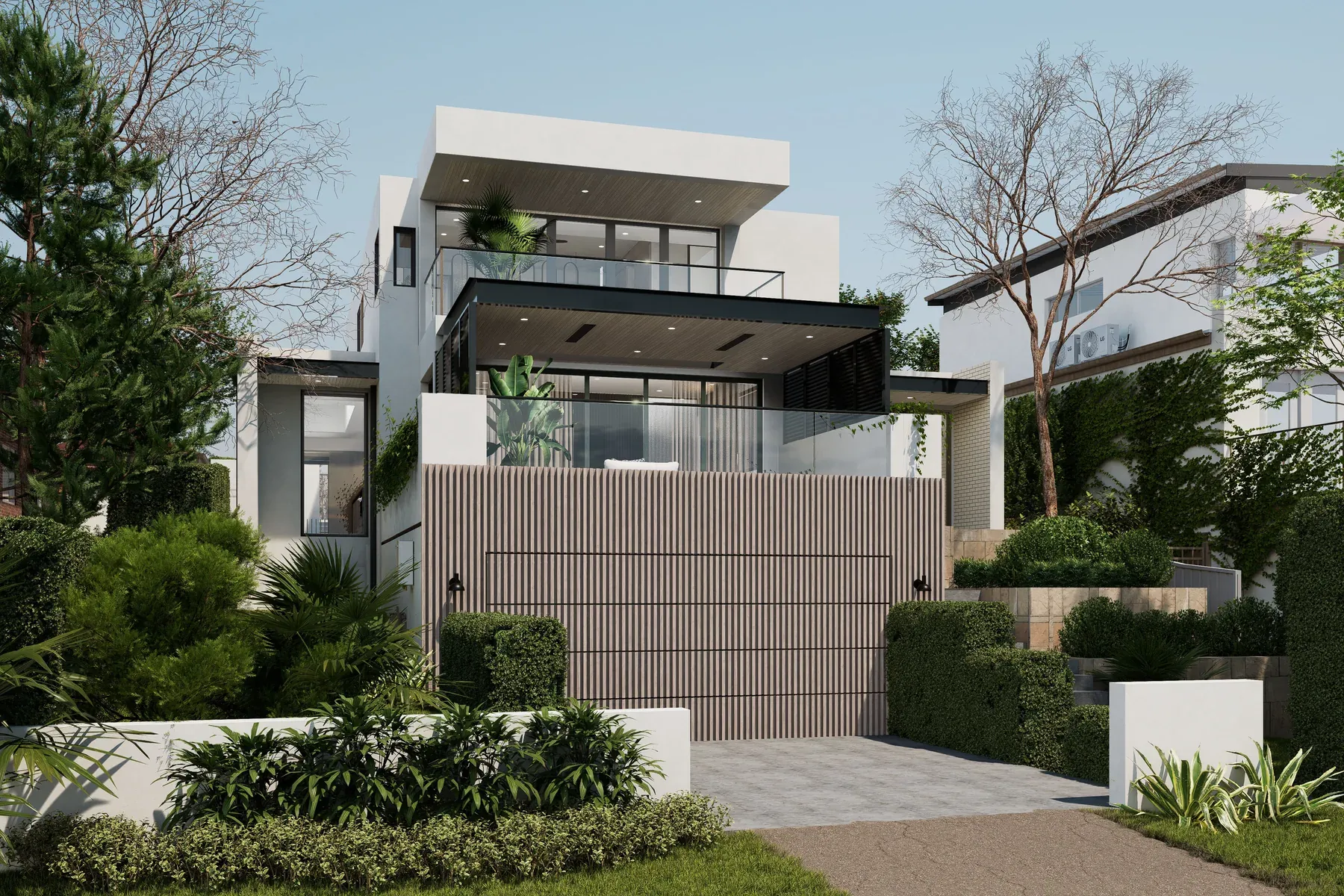 Northbridge &mdash; front elevation with sandstone steps and layered planting