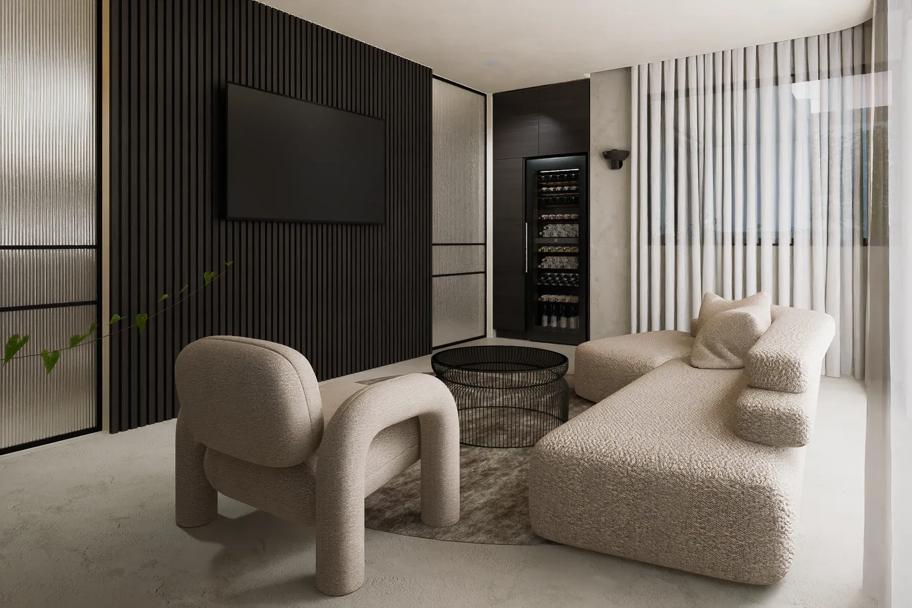 Northbridge &mdash; media room with black timber-slat wall, boucl&eacute; sofa and sculptural armchair
