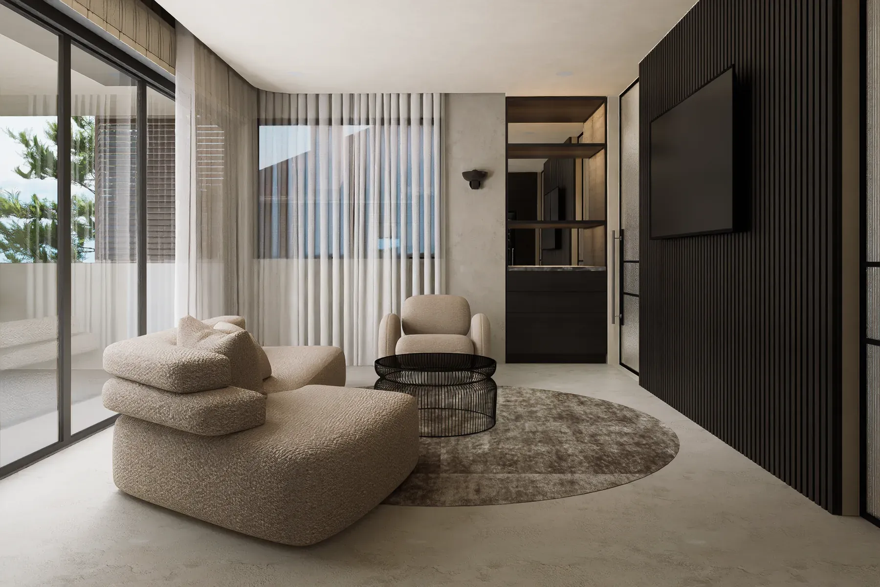 Northbridge &mdash; lounge with boucl&eacute; seating, sheer curtains and dark joinery