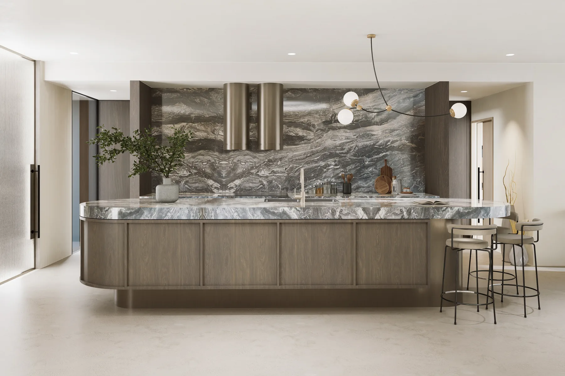 Northbridge &mdash; kitchen with marble splashback, curved timber island and bar stools