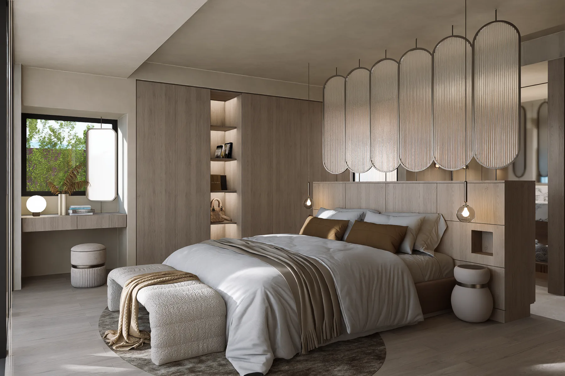 Northbridge &mdash; main bedroom with bench seat, timber joinery and dressing nook