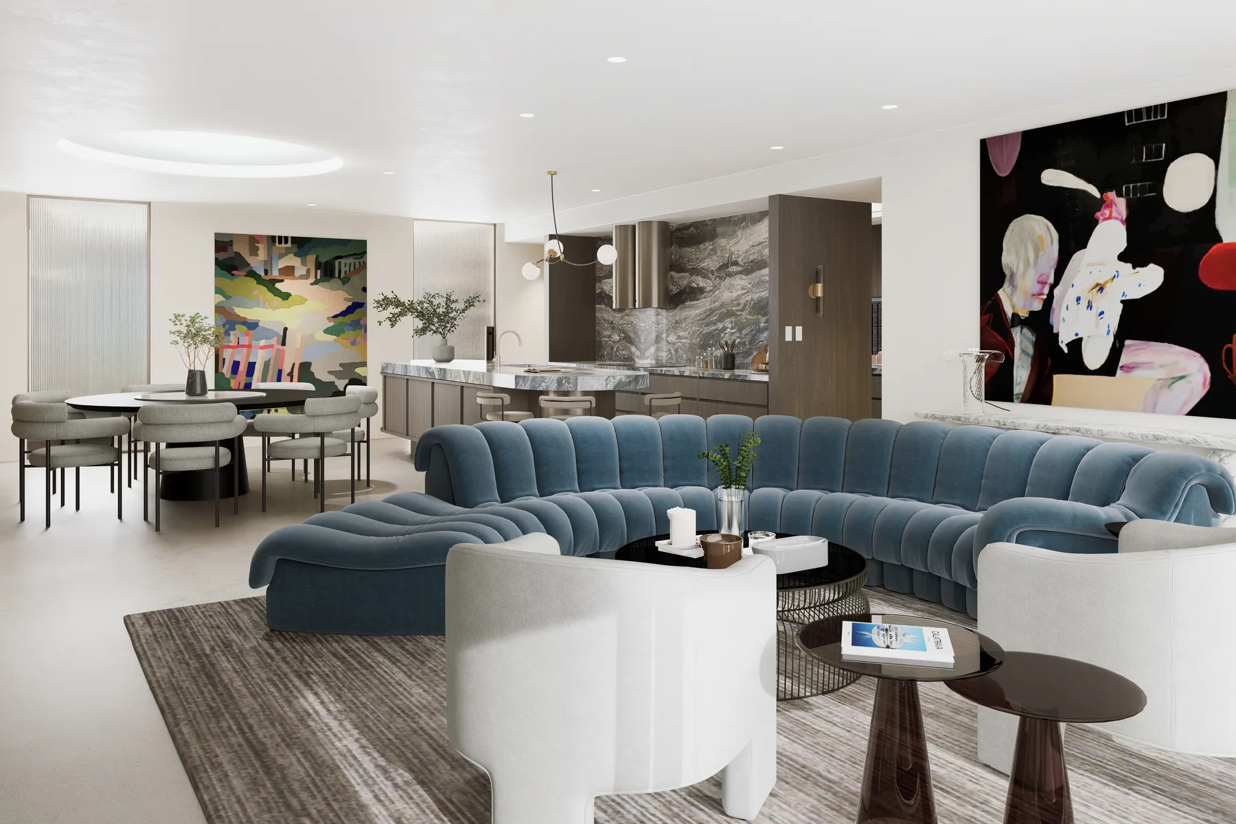 Northbridge &mdash; open-plan living and dining with blue velvet sofa and abstract art